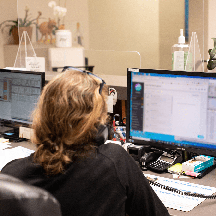 A Veterinary CSR working in PetDesk while on the phone at the front desk