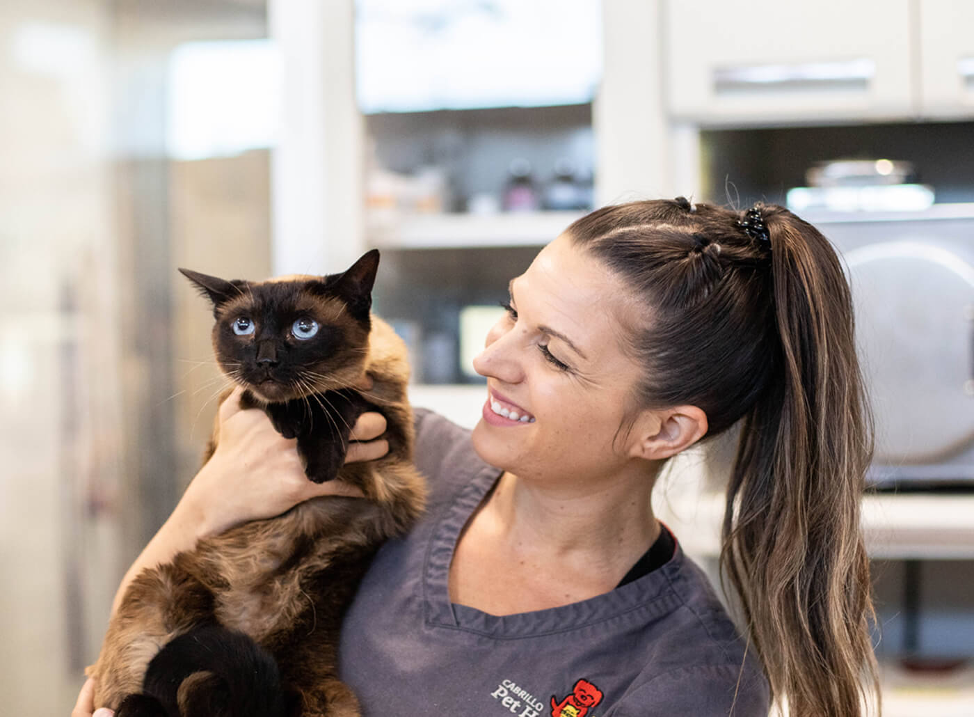 veterinary team member smiling and holding cat on shoulder