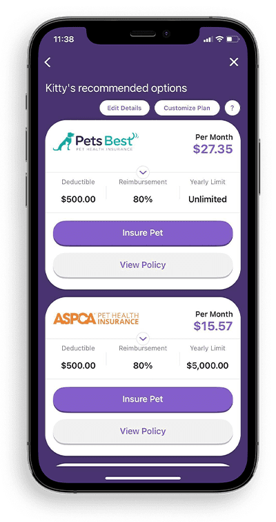 Pet Insurance_Mobile_Site_B mobile view of Pet Insurance Options screen on PetDesk app