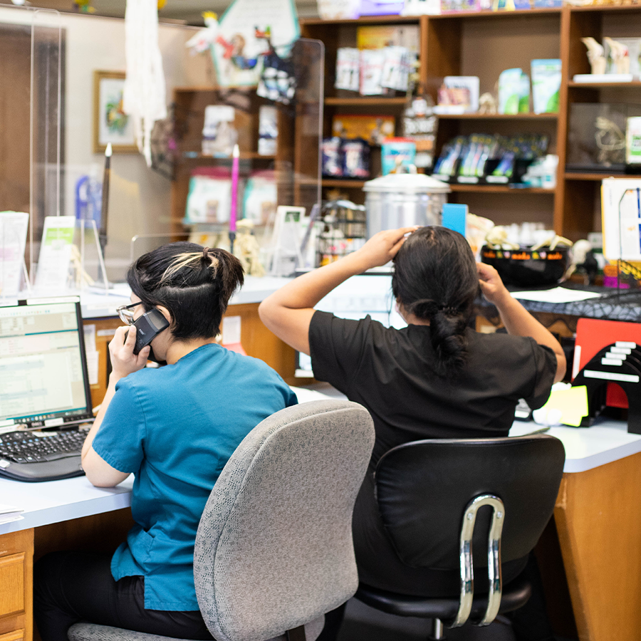 Two CSRs answering phone calls at the font desk