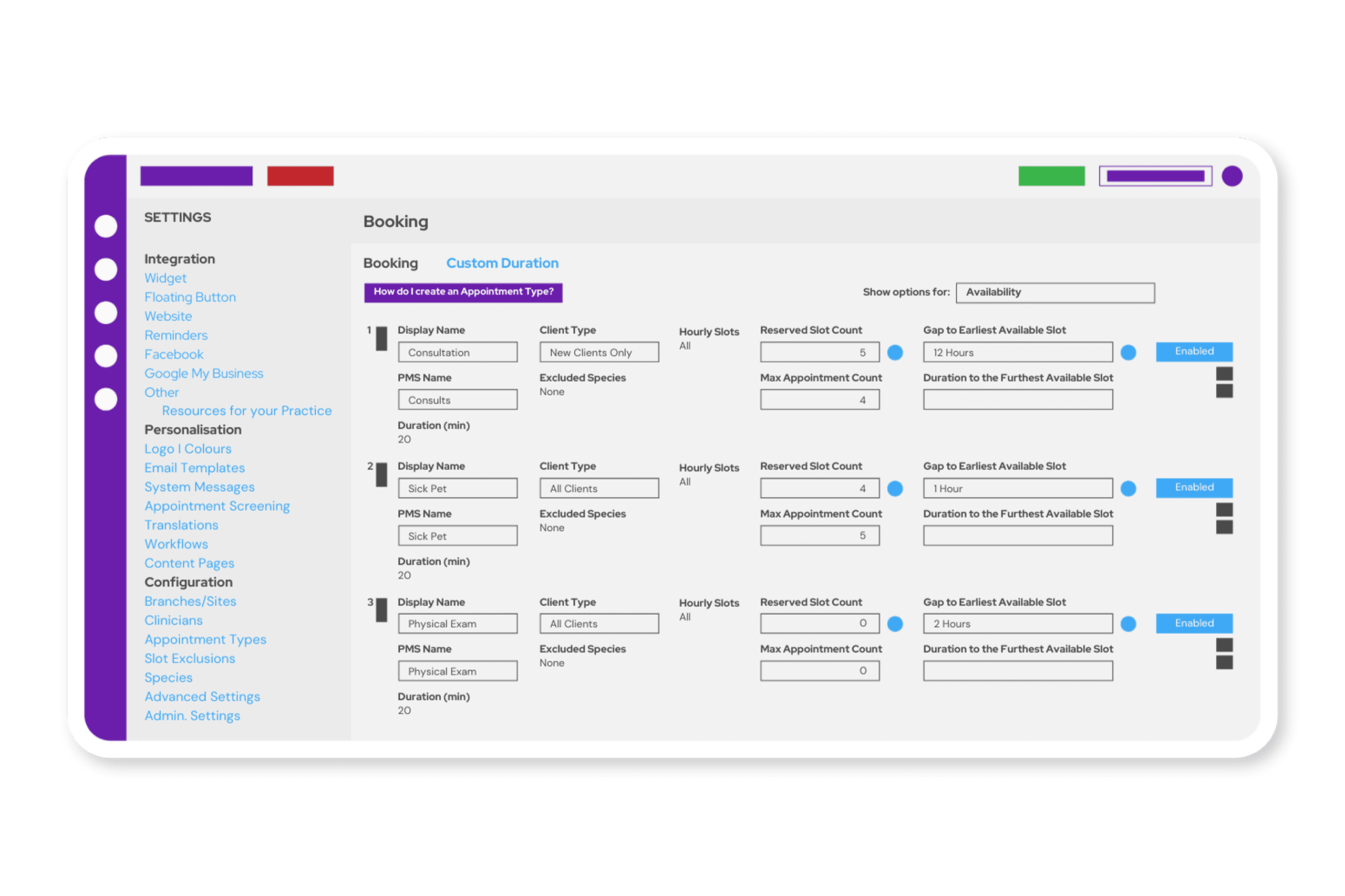 Mockup of PetDesk Bookings Customizations Mockup of PetDesk Booking's customizations dashboard