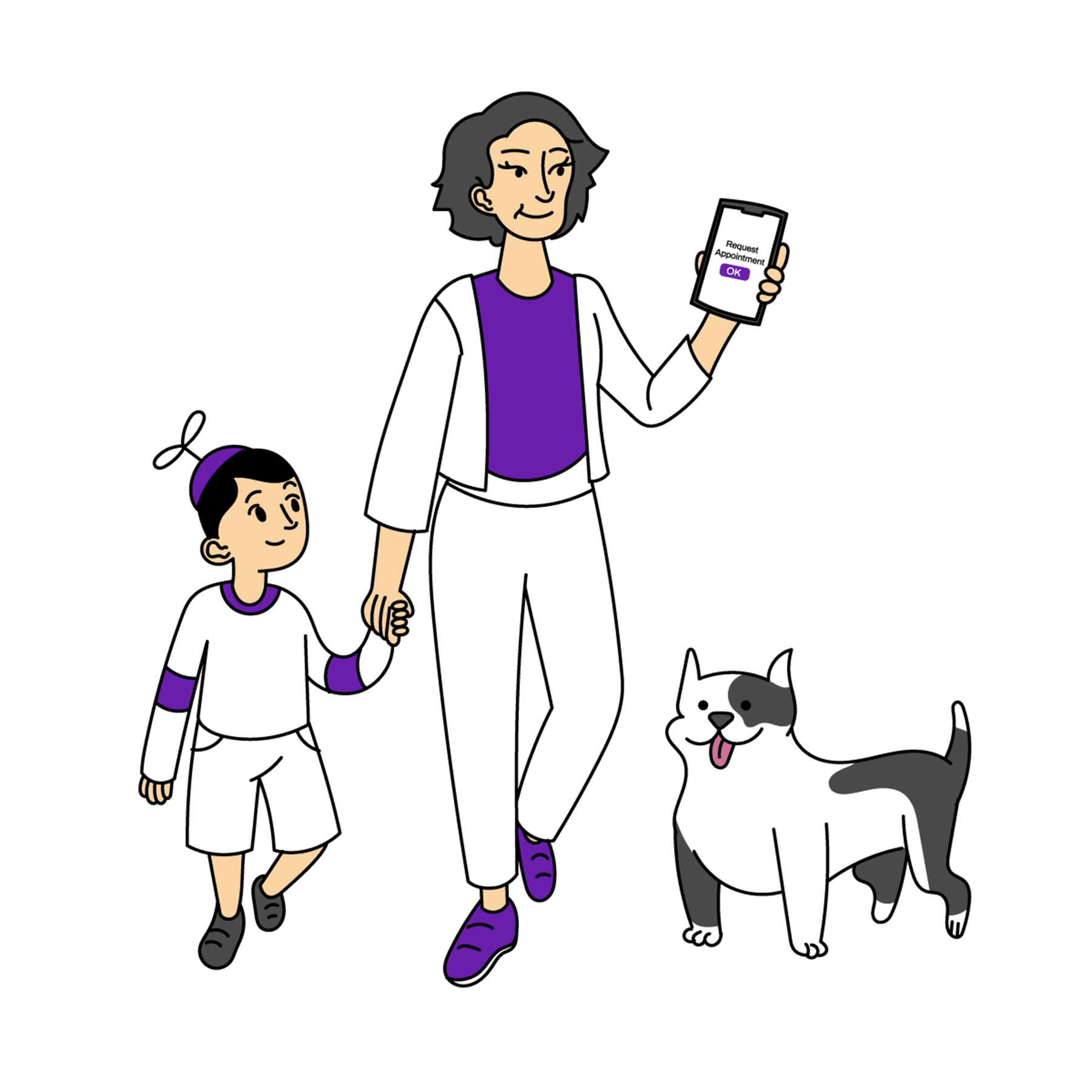 Pet Parent Using PetDesk App while Walking with Grandson and Dog Pet Parent Using PetDesk App while Walking with Grandson and Dog