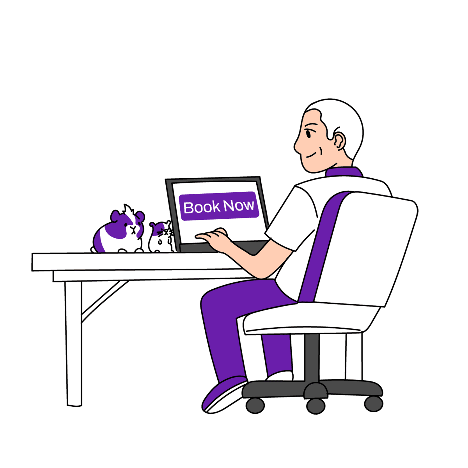 Pet parent booking an appointment online with guinea pigs sitting behind the computer Pet parent booking an appointment online with guinea pigs sitting behind the computer