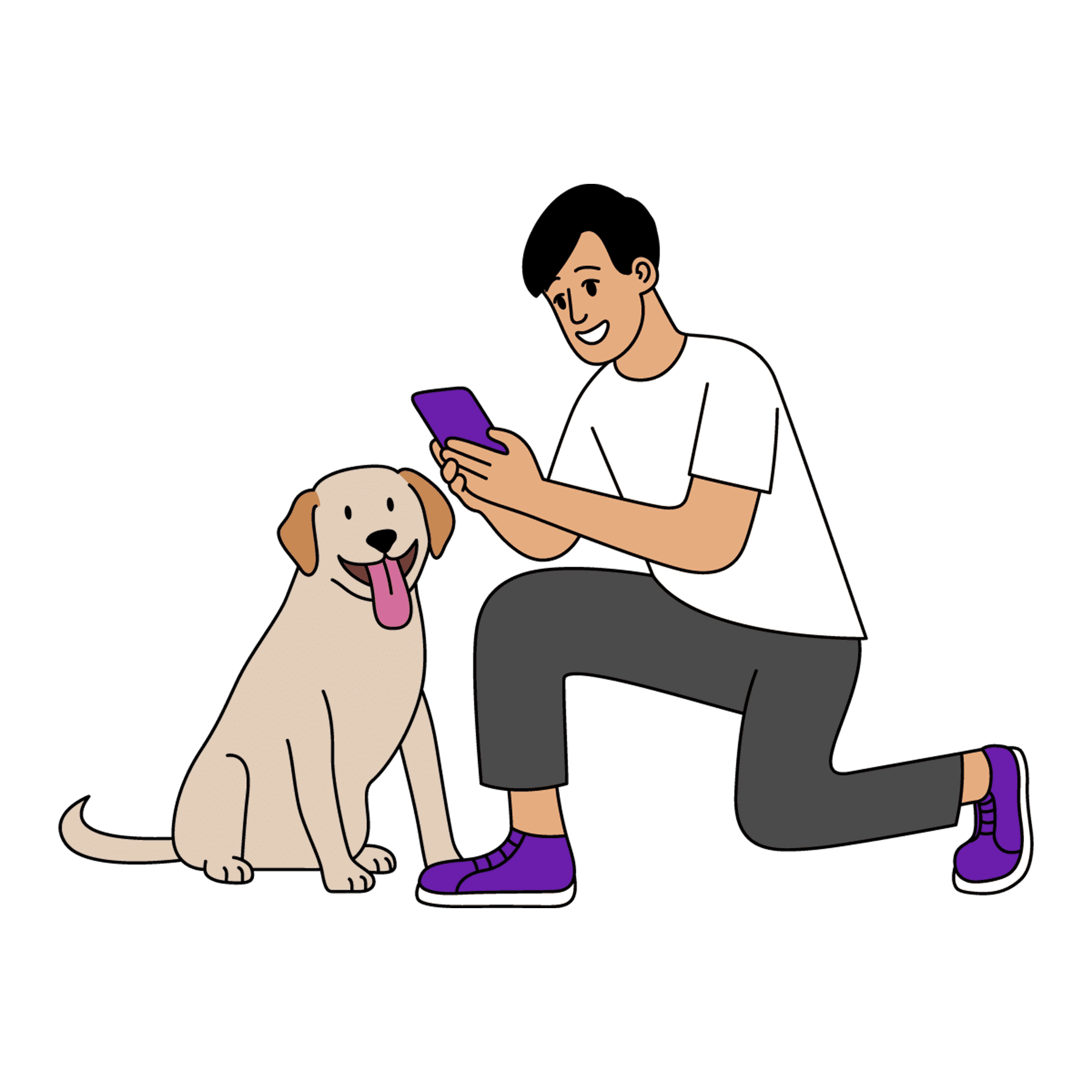 Pet parent texting on phone while kneeling next to dog Pet parent texting on phone while kneeling next to dog