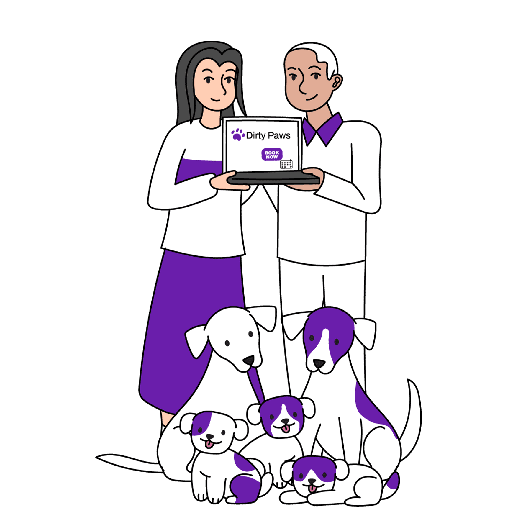 Pet parents holding a laptop together with vet hospital reviews with five dogs at their feet