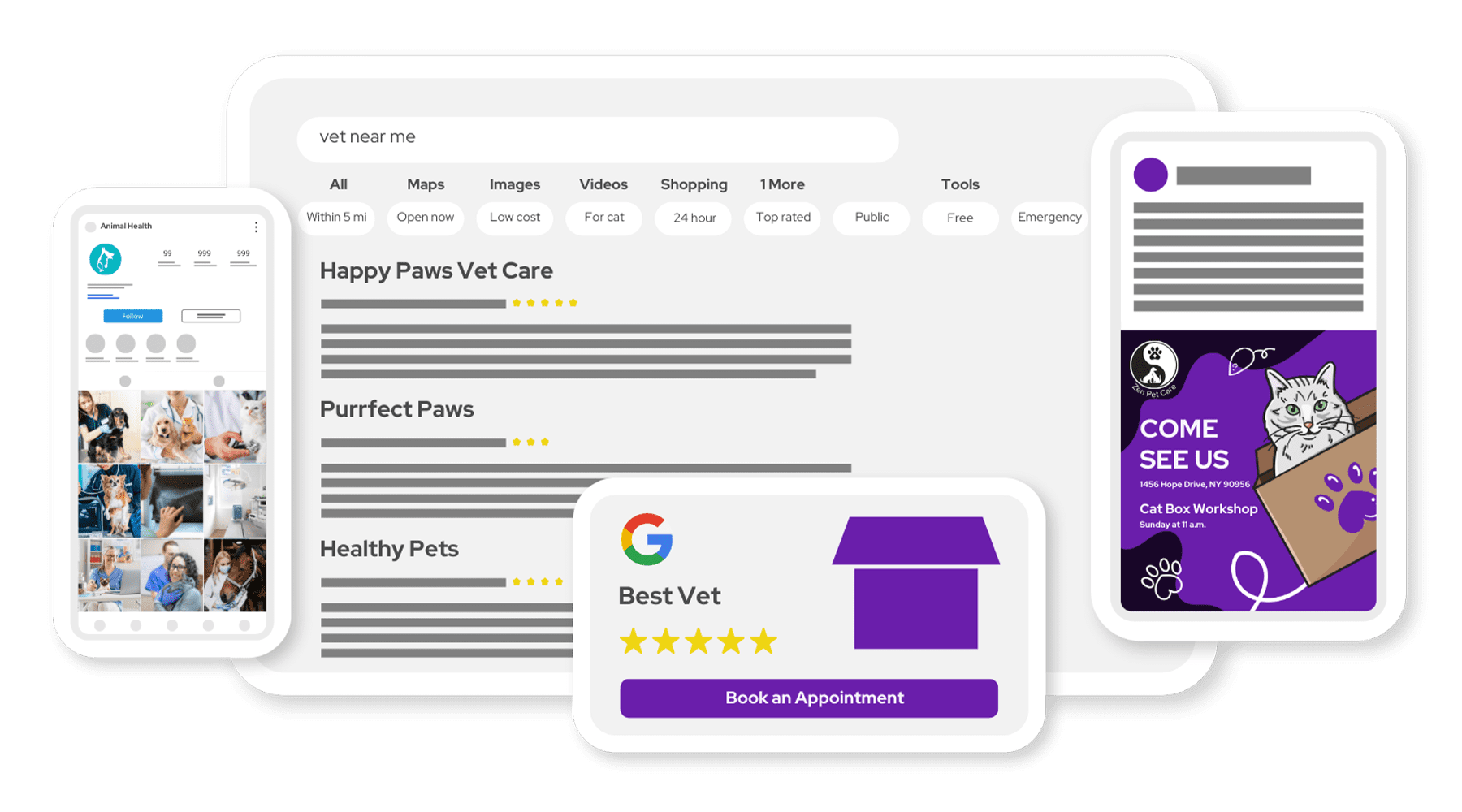 Mockups of PetDesk's marketing agency services on different devices
