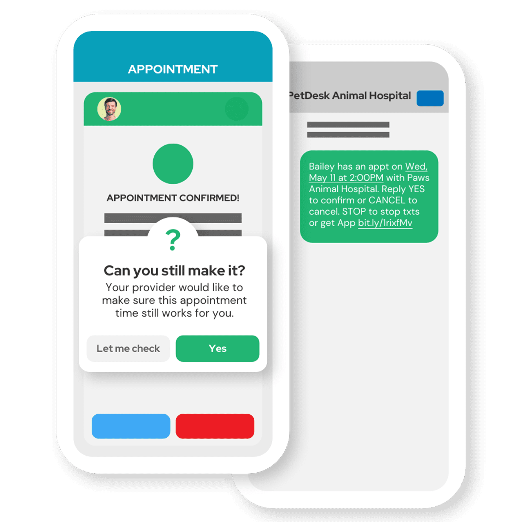 PetDesk_Veterinary Reminder System_Mockup Mockup of PetDesk reminders via app and text on a phone