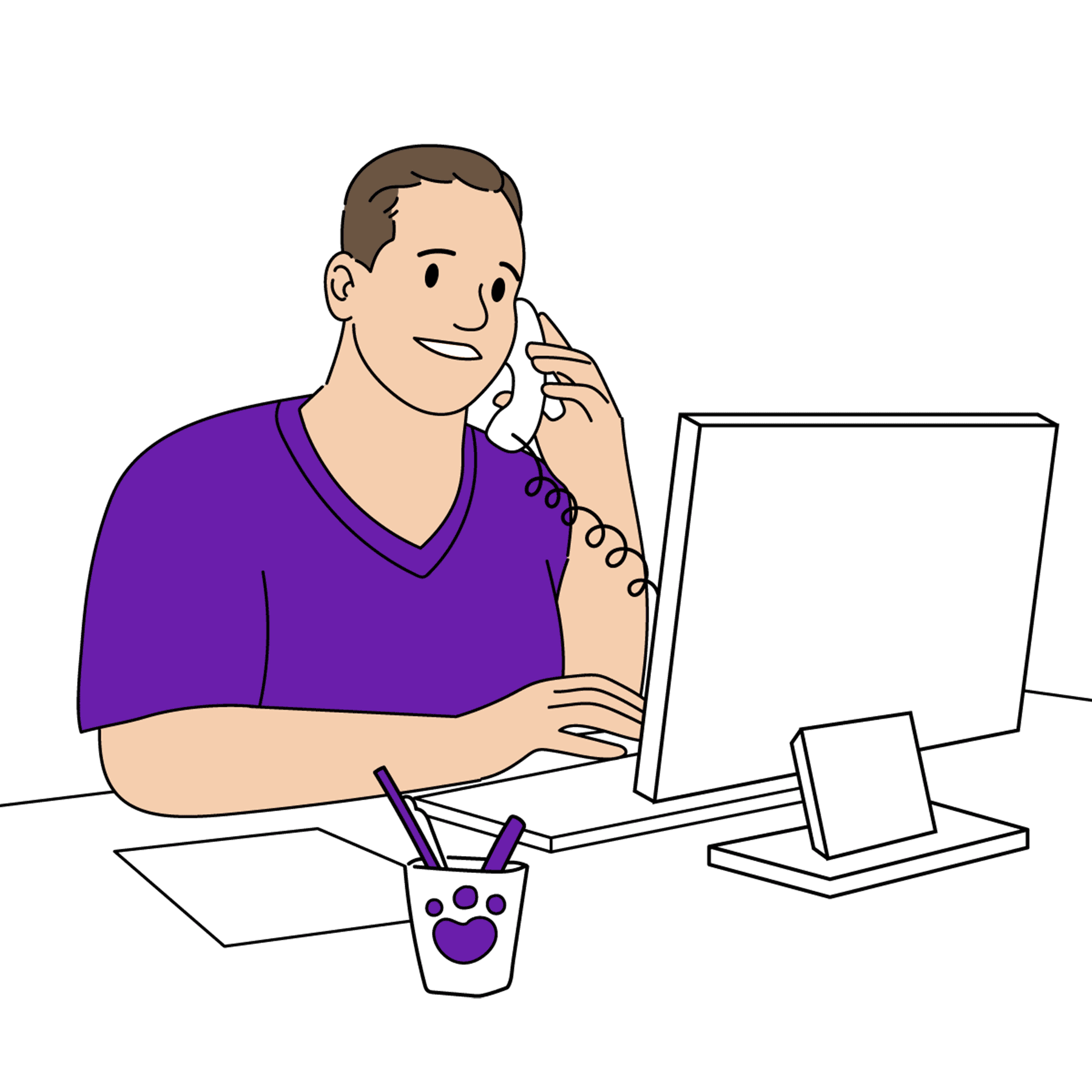 Veterinary CSR chatting on phone while on computer Be professional in every client touchpoint while upgrading the way you work with features designed to make communication easier for everyone. From powerful productivity to 24/7 security, PetDesk Voice does everything but the talking.