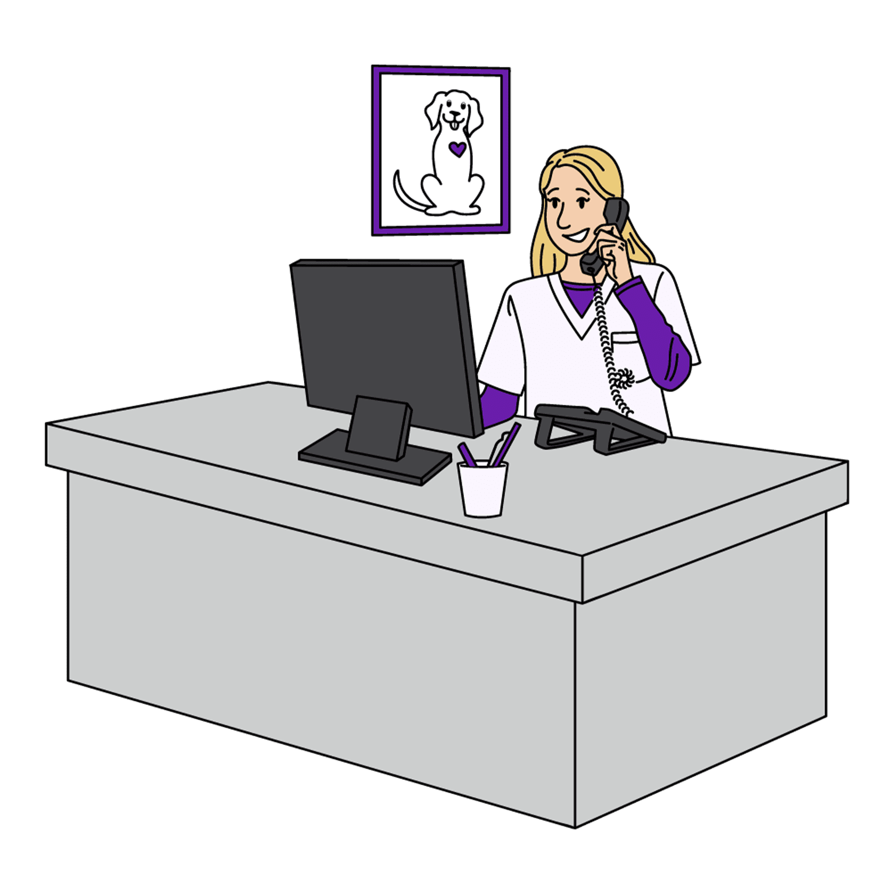 Veterinary CSR on phone while looking at a website Veterinary CSR on phone while looking at a website