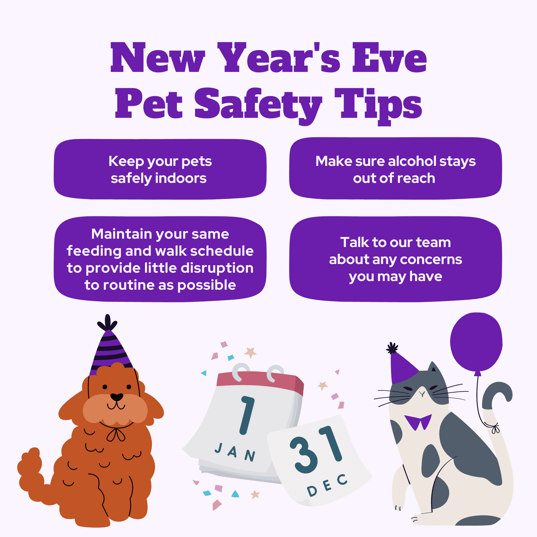 New Year's Eve Pet Safety Tips Social post