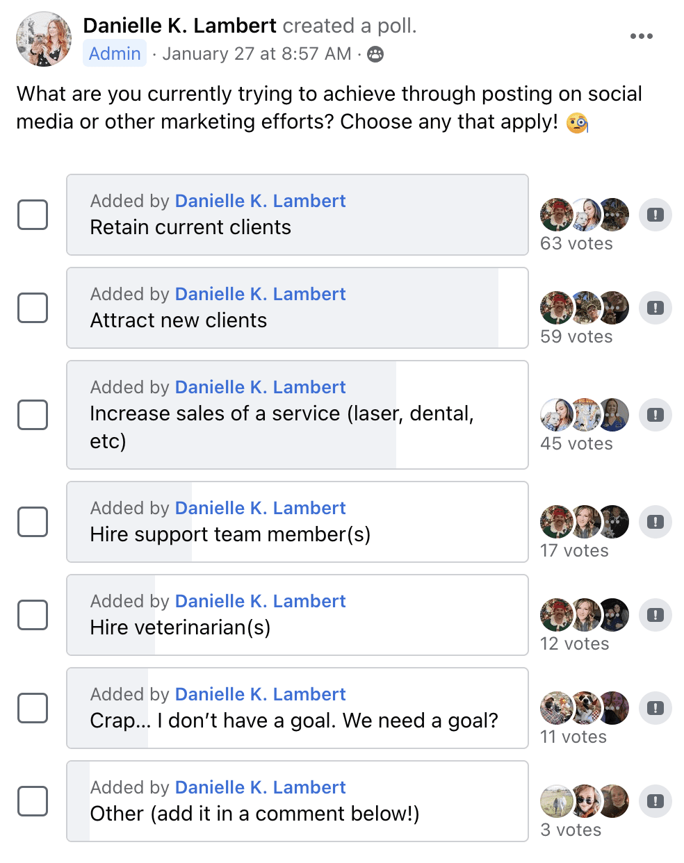 Veterinary-targeted-marketing Screenshot of a poll on Facebook by Danielle Lambert