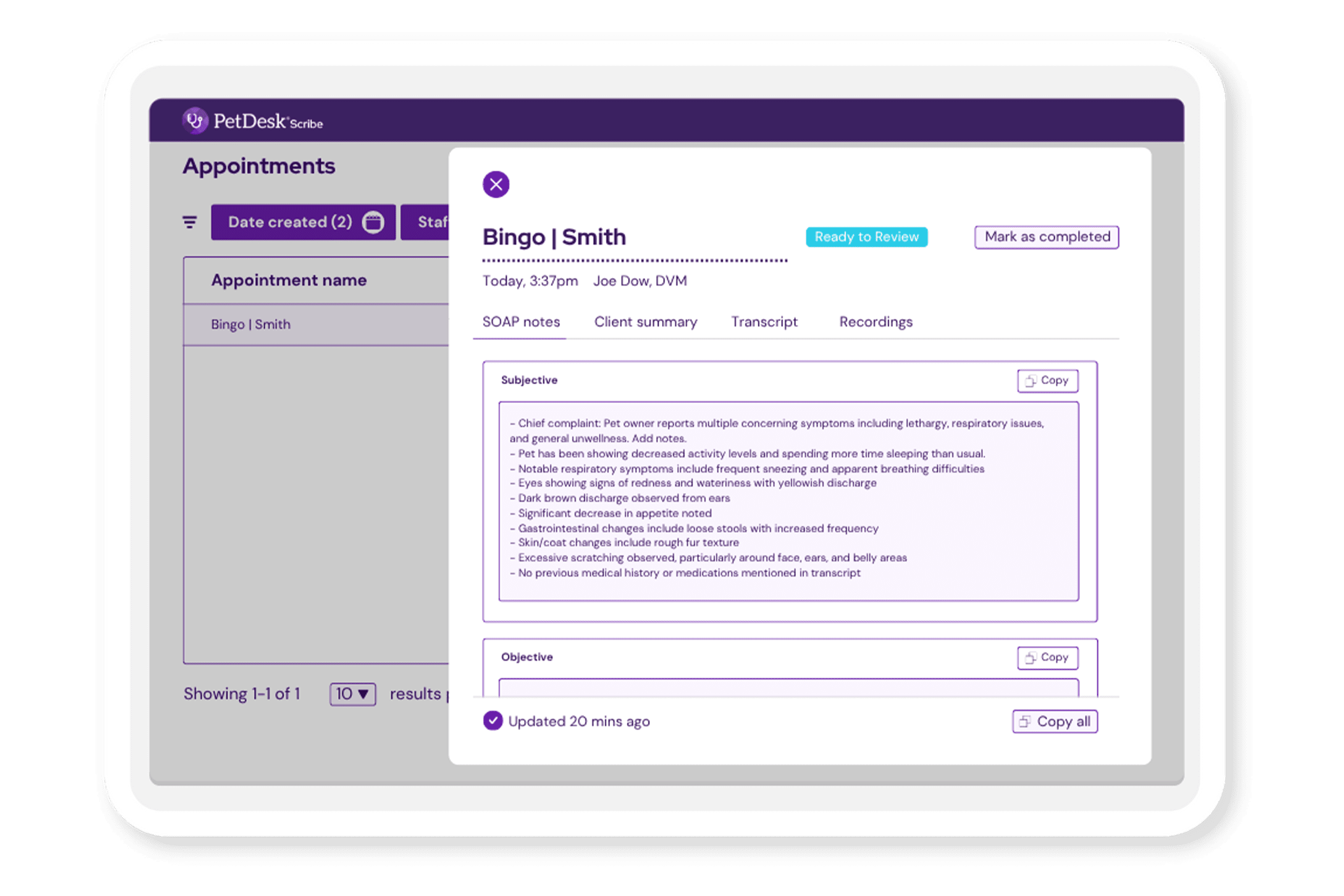 Veterinary AI-Transcription Mockup-DR PetDesk Scribe - PetDesk's Veterinary Transcription Platform