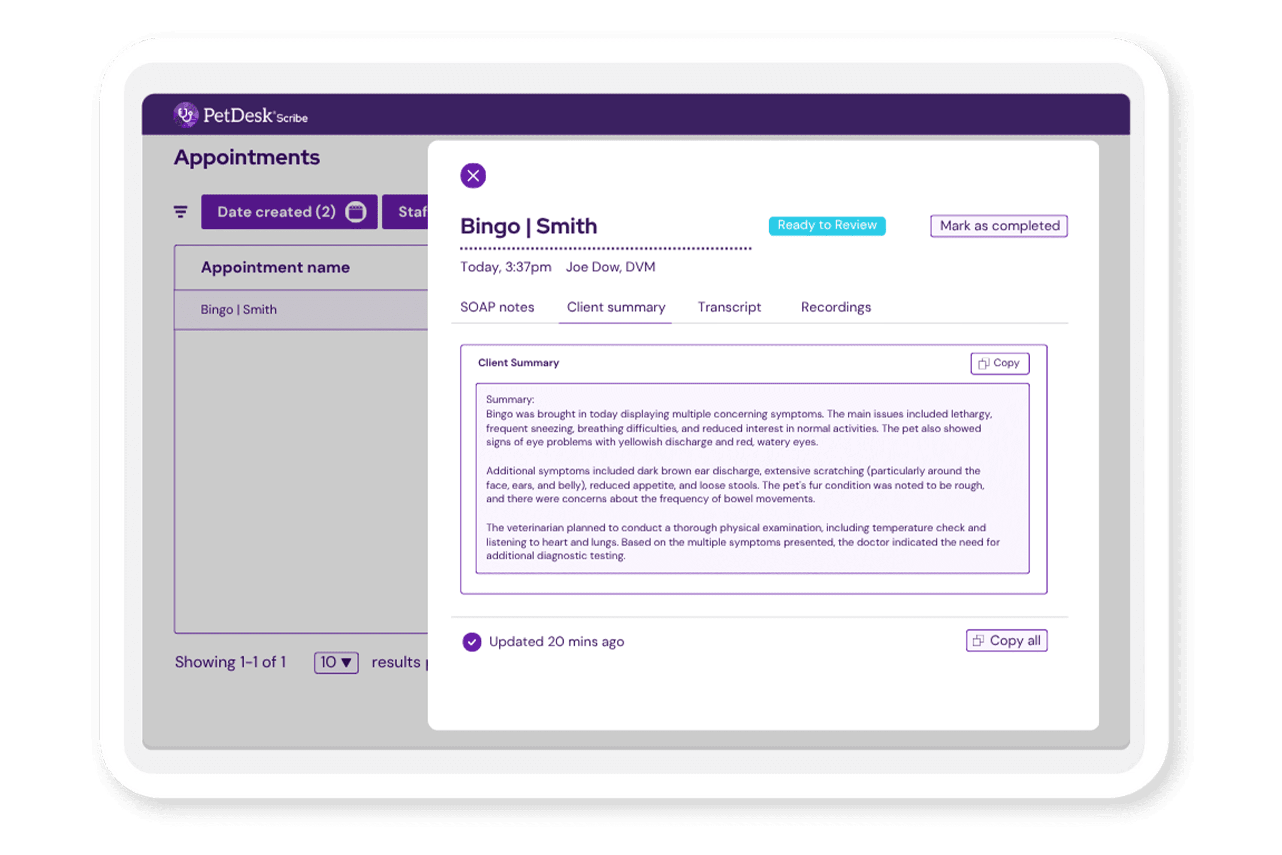 Veterinary AI-Transcription Mockup PetDesk Scribe - PetDesk's Veterinary Transcription Platform